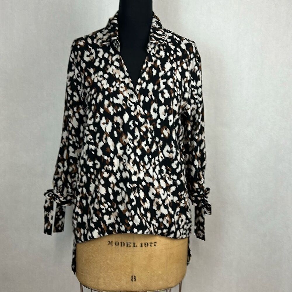 She + Sky Animal Print Blouse Shirt Top Sz L Cheetah Leopard 3/4 Sleeve High Low